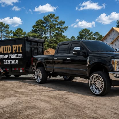 Mud Pit's black pickup towing the dump trailer at a job site